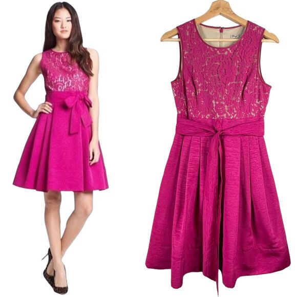Eliza J Dresses & Skirts - Eliza J Pink Fit & Flare Dress Lace Belted Bow Womens SIZE 2 Barbie Formal Knee
